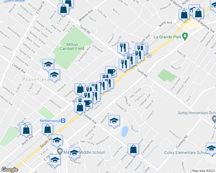 map of restaurants, bars, coffee shops, grocery stores, and more near 1345 South Ave in Plainfield