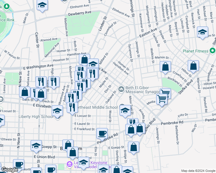 map of restaurants, bars, coffee shops, grocery stores, and more near 1543 Elm Street in Bethlehem