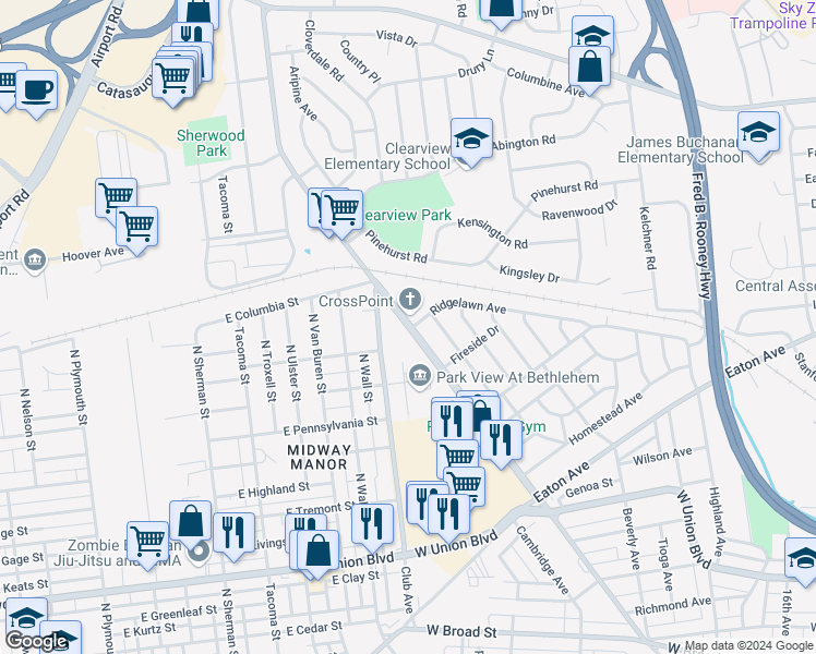 map of restaurants, bars, coffee shops, grocery stores, and more near 1405 Pennsylvania Avenue in Bethlehem