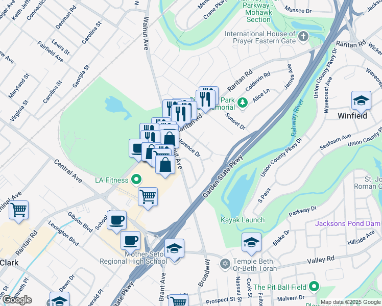 map of restaurants, bars, coffee shops, grocery stores, and more near 321 New York Avenue in Clark