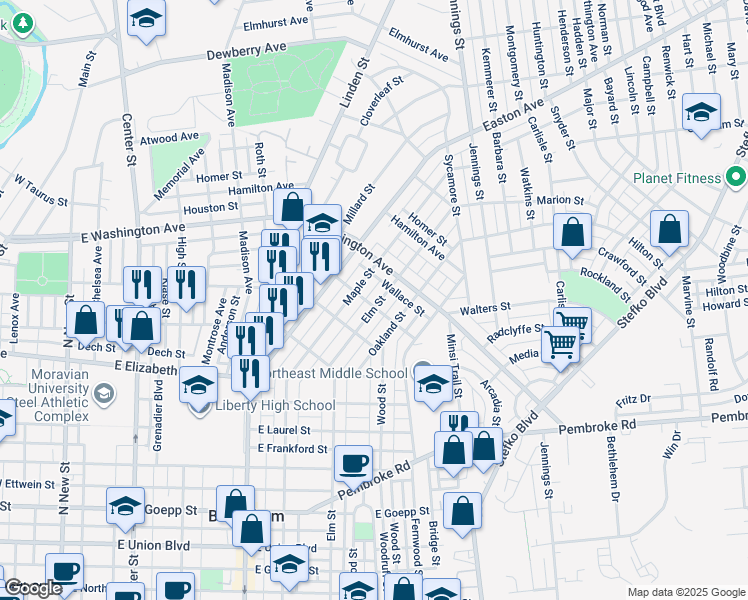 map of restaurants, bars, coffee shops, grocery stores, and more near 1543 Elm Street in Bethlehem