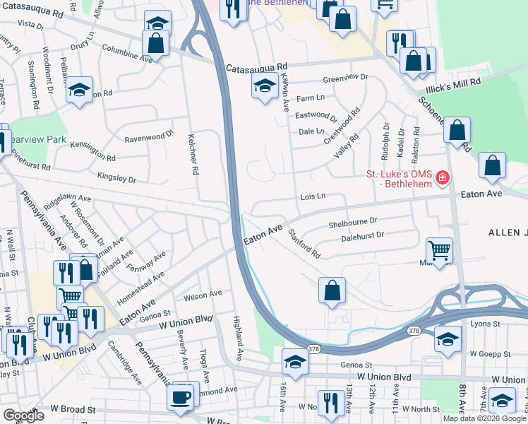 map of restaurants, bars, coffee shops, grocery stores, and more near 1637 Lois Lane in Bethlehem