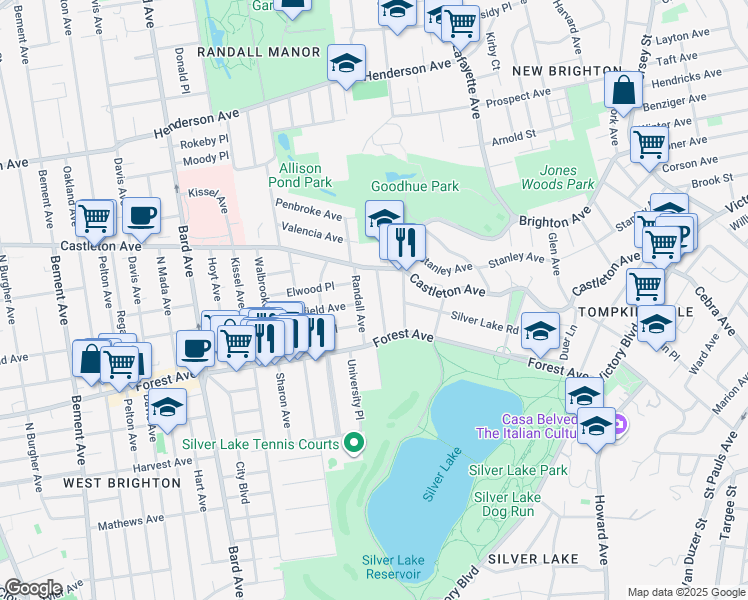 map of restaurants, bars, coffee shops, grocery stores, and more near 74 Ridgewood Place in Staten Island