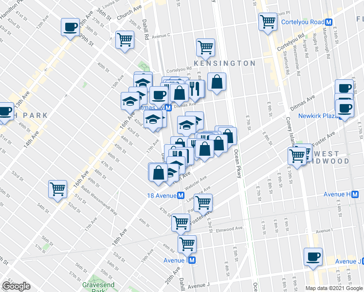 map of restaurants, bars, coffee shops, grocery stores, and more near 116 Avenue F in Brooklyn