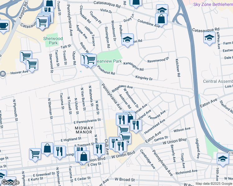 map of restaurants, bars, coffee shops, grocery stores, and more near 1339 Andover Road in Bethlehem