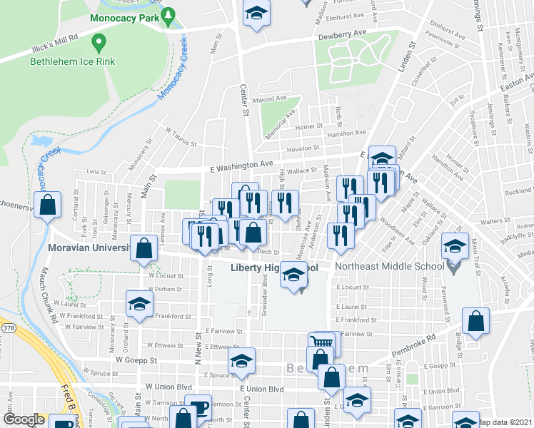 map of restaurants, bars, coffee shops, grocery stores, and more near 1432 Hottle Avenue in Bethlehem