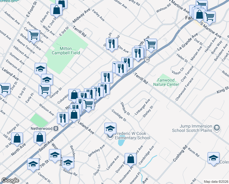 map of restaurants, bars, coffee shops, grocery stores, and more near 1364 South Avenue in Plainfield