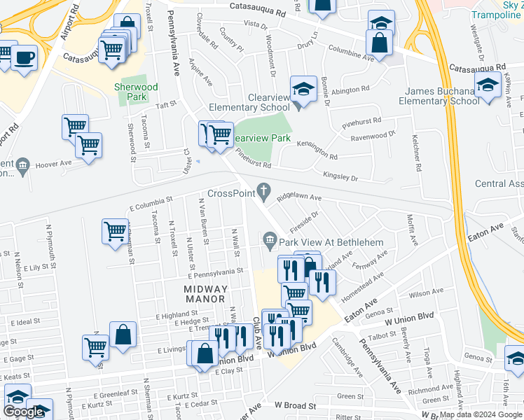 map of restaurants, bars, coffee shops, grocery stores, and more near 1407 Pennsylvania Avenue in Bethlehem
