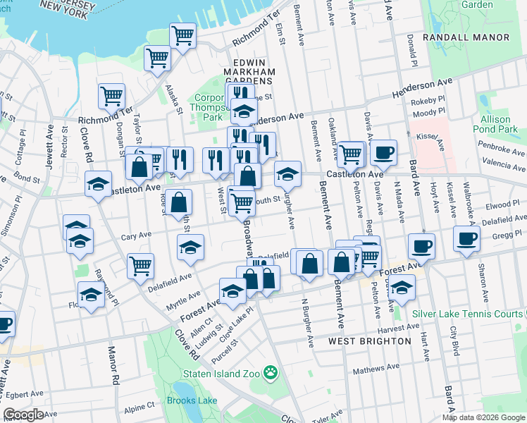 map of restaurants, bars, coffee shops, grocery stores, and more near 59 South Street in Staten Island