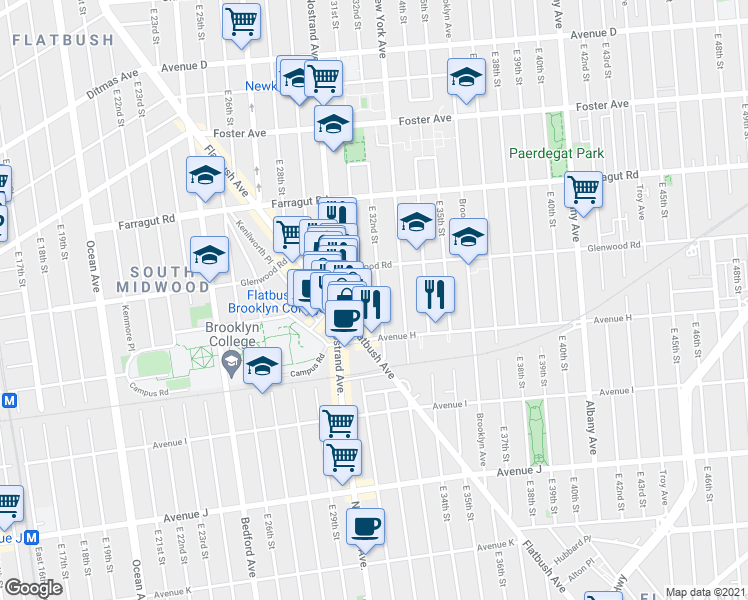 map of restaurants, bars, coffee shops, grocery stores, and more near 729 East 32nd Street in Brooklyn