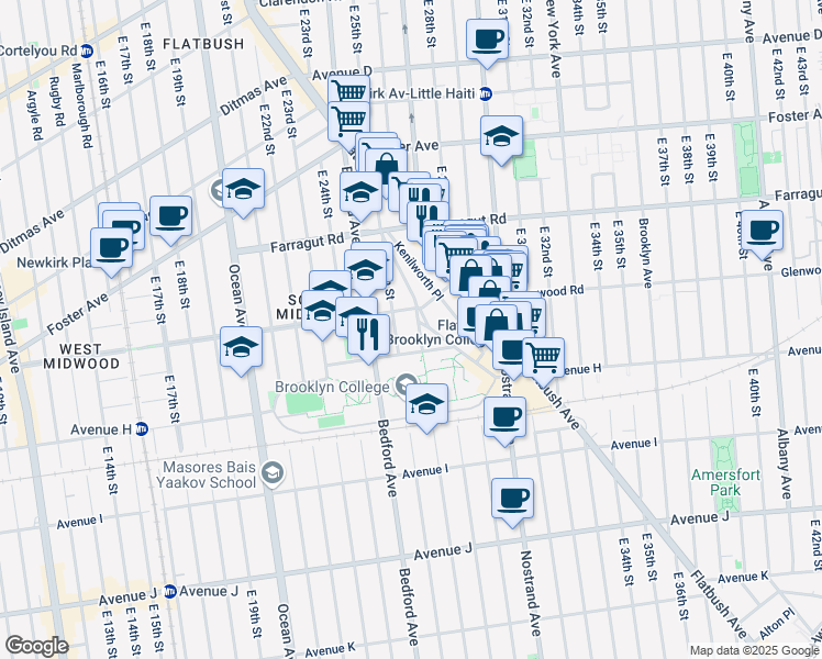 map of restaurants, bars, coffee shops, grocery stores, and more near 2620 Glenwood Road in Brooklyn