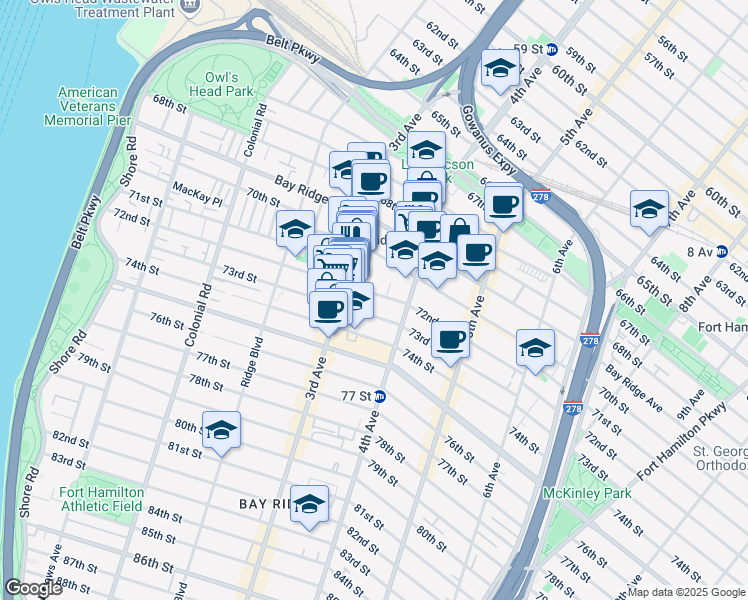 map of restaurants, bars, coffee shops, grocery stores, and more near 7112 Bennet Court in Brooklyn