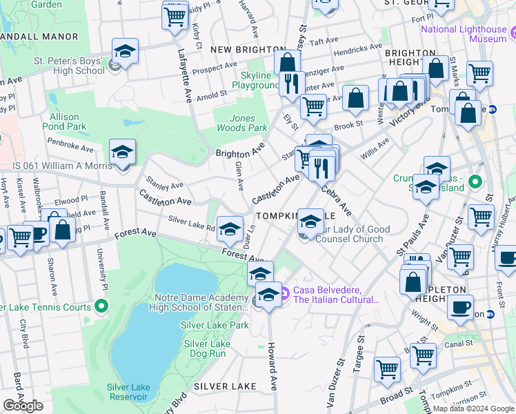 map of restaurants, bars, coffee shops, grocery stores, and more near 171 Castleton Avenue in Staten Island