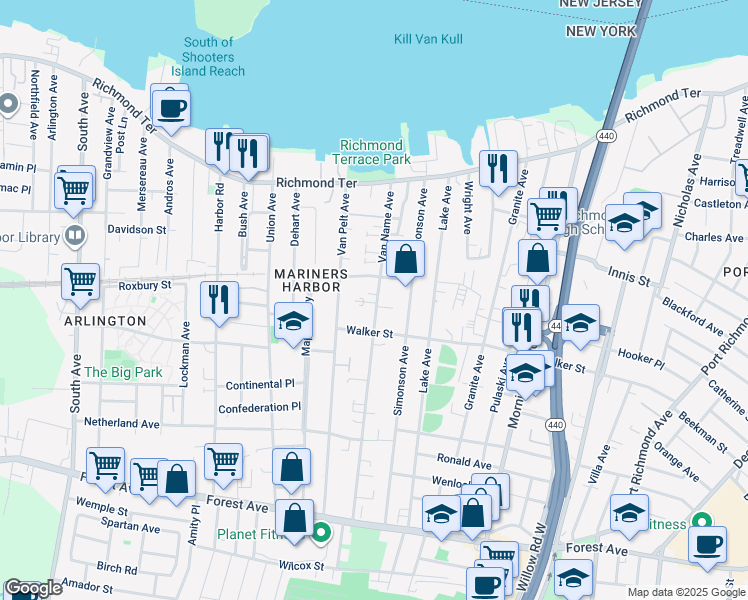 map of restaurants, bars, coffee shops, grocery stores, and more near 54 Heusden Street in Staten Island
