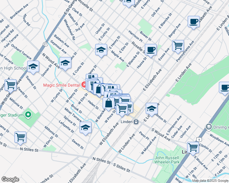 map of restaurants, bars, coffee shops, grocery stores, and more near 101 East Blancke Street in Linden