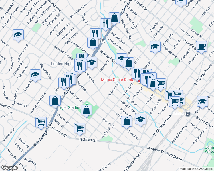 map of restaurants, bars, coffee shops, grocery stores, and more near 116 West Gibbons Street in Linden