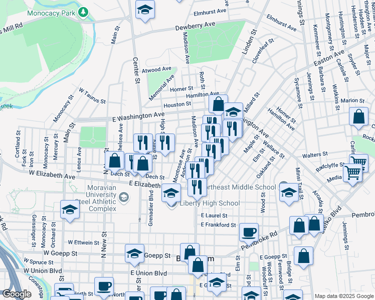 map of restaurants, bars, coffee shops, grocery stores, and more near 1504 Madison Avenue in Bethlehem
