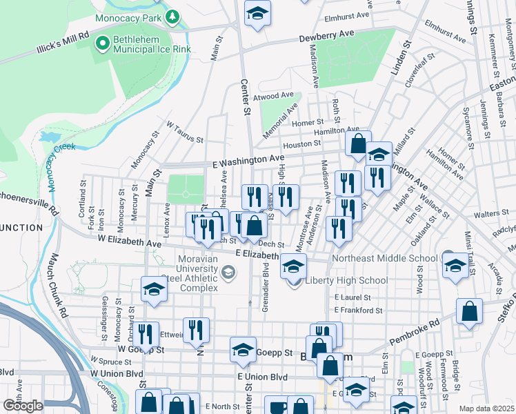 map of restaurants, bars, coffee shops, grocery stores, and more near 1500 Center Street in Bethlehem