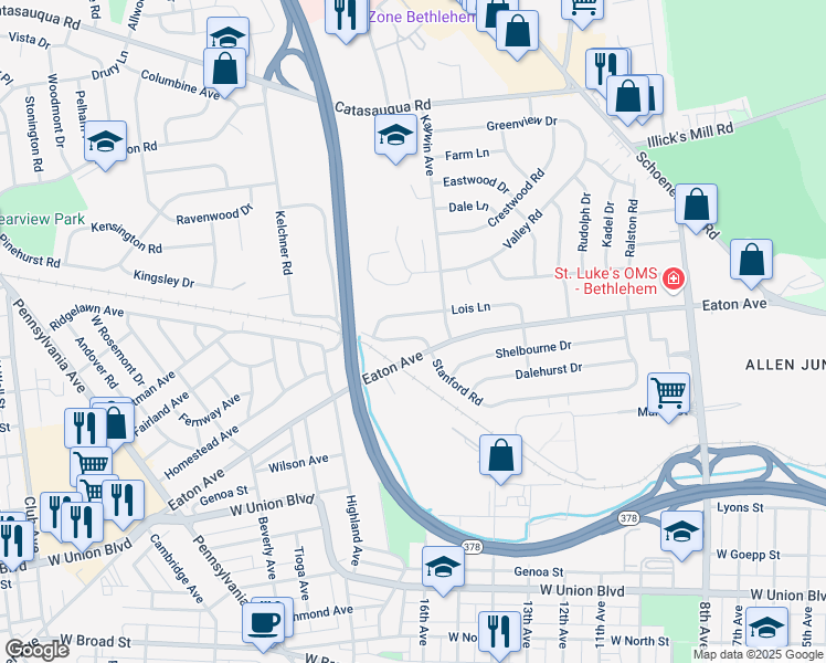 map of restaurants, bars, coffee shops, grocery stores, and more near 1637 Lois Lane in Bethlehem