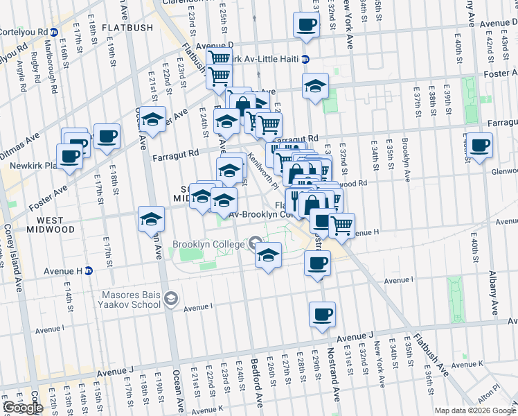 map of restaurants, bars, coffee shops, grocery stores, and more near 712 East 27th Street in Brooklyn