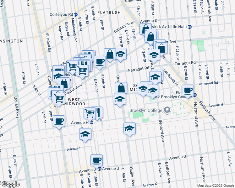 map of restaurants, bars, coffee shops, grocery stores, and more near 1925 Glenwood Road in Brooklyn