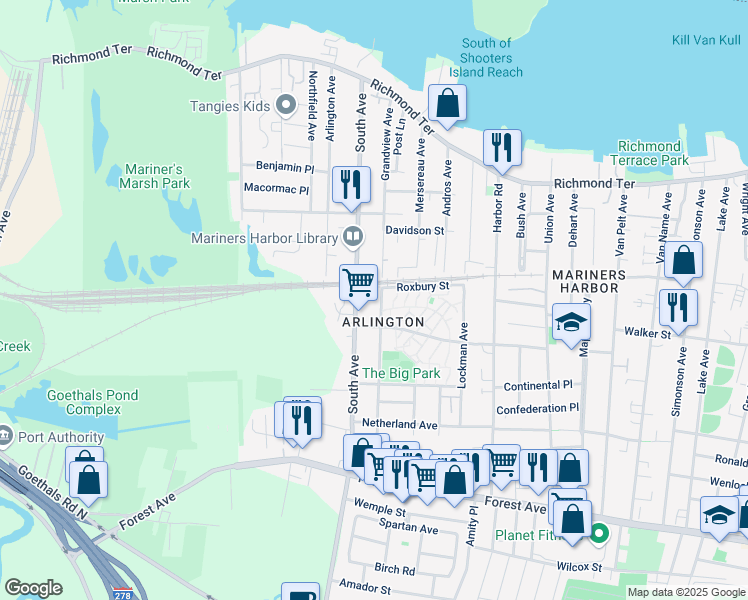 map of restaurants, bars, coffee shops, grocery stores, and more near 255 South Avenue in Staten Island
