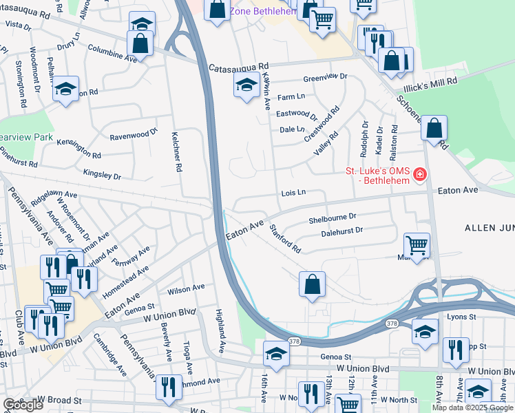 map of restaurants, bars, coffee shops, grocery stores, and more near 1637 Lois Lane in Bethlehem