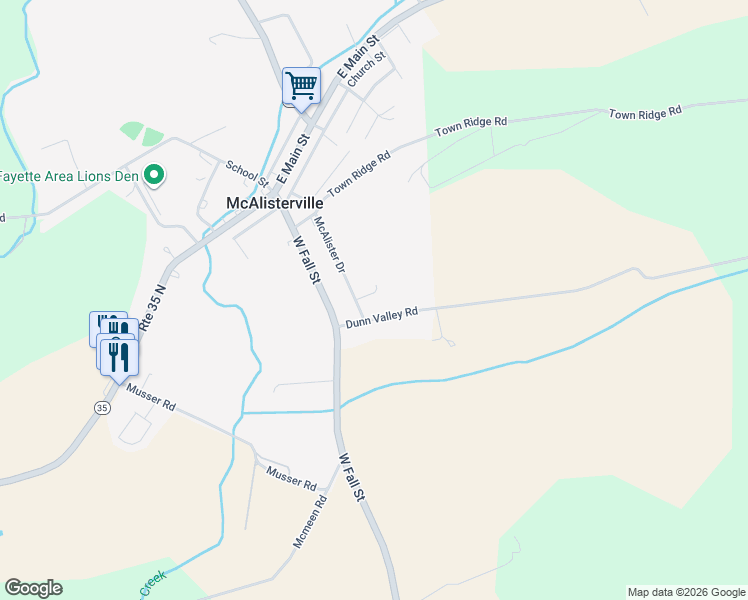 map of restaurants, bars, coffee shops, grocery stores, and more near 17 Getz Drive in McAlisterville