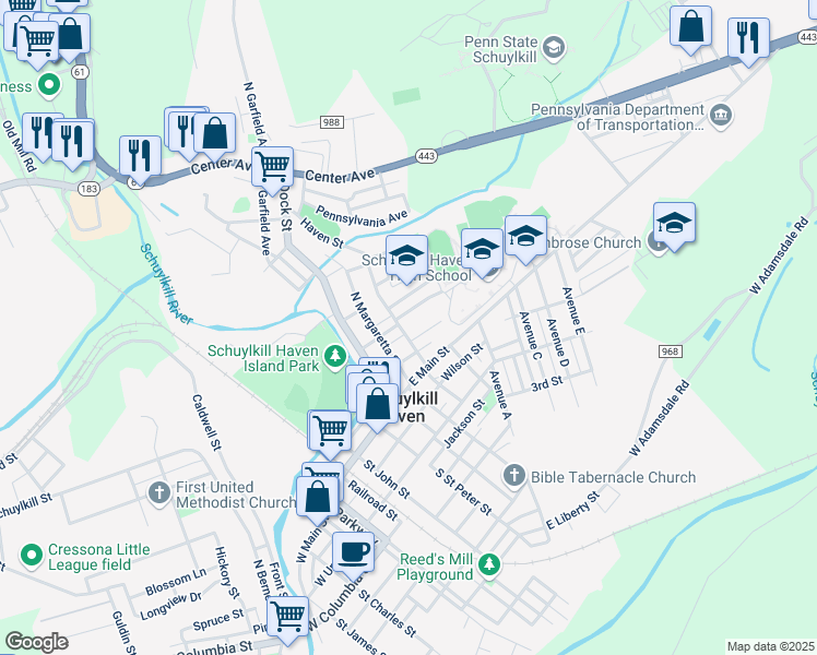 map of restaurants, bars, coffee shops, grocery stores, and more near 228 Paxson Avenue in Schuylkill Haven