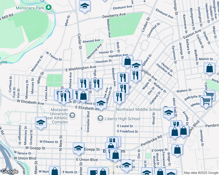 map of restaurants, bars, coffee shops, grocery stores, and more near 1504 Madison Avenue in Bethlehem