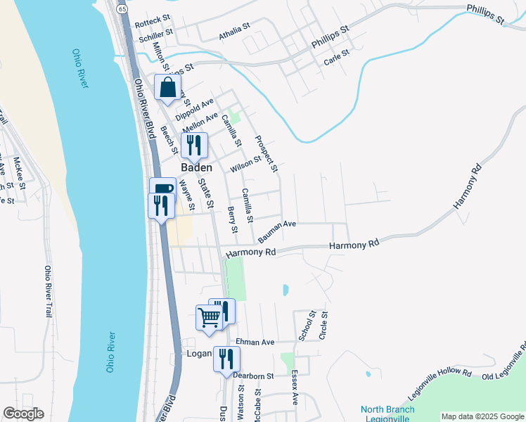 map of restaurants, bars, coffee shops, grocery stores, and more near 614 Steele Street in Baden