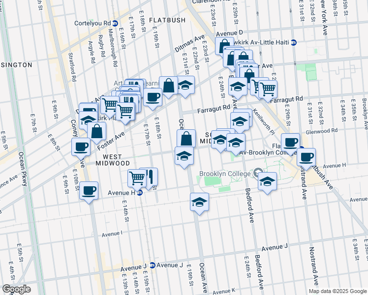 map of restaurants, bars, coffee shops, grocery stores, and more near 1191 Ocean Avenue in Brooklyn