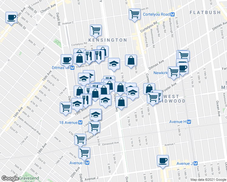 map of restaurants, bars, coffee shops, grocery stores, and more near Brooklyn-Queens Greenway & 18th Ave in Brooklyn