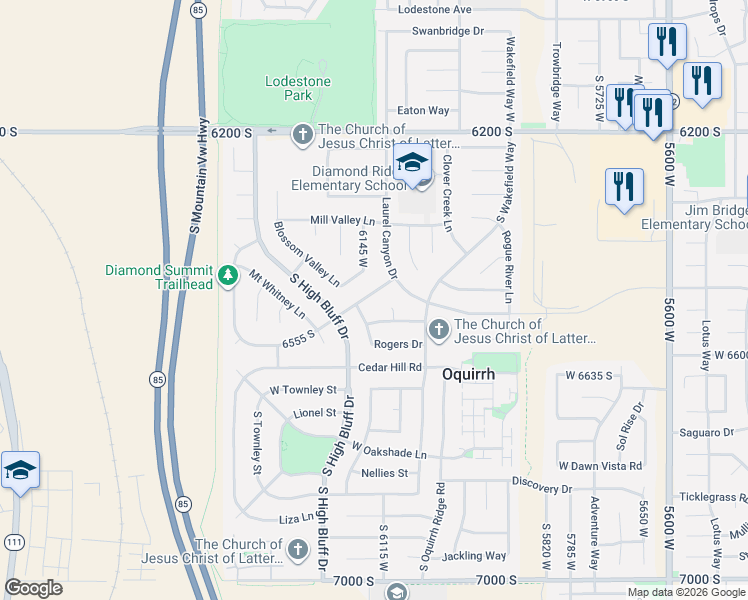 map of restaurants, bars, coffee shops, grocery stores, and more near 6135 West Mount Montana Way in West Valley City