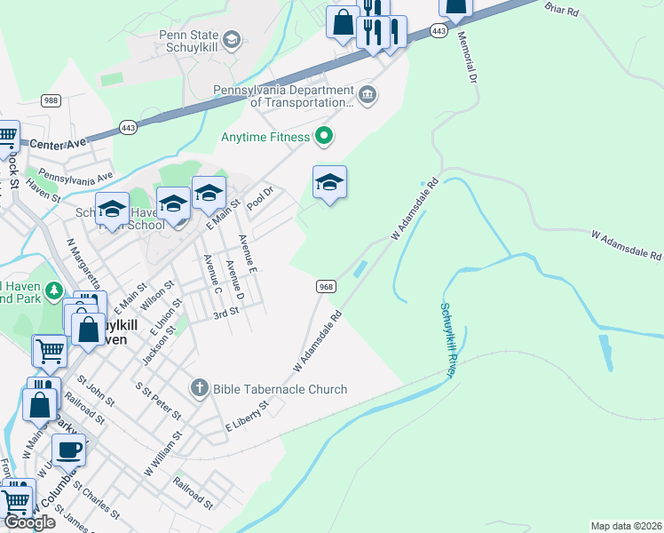 map of restaurants, bars, coffee shops, grocery stores, and more near 421 East Liberty street in Schuylkill Haven