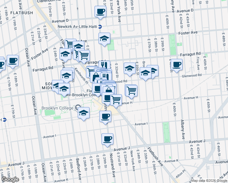 map of restaurants, bars, coffee shops, grocery stores, and more near 720 East 31st Street in Brooklyn
