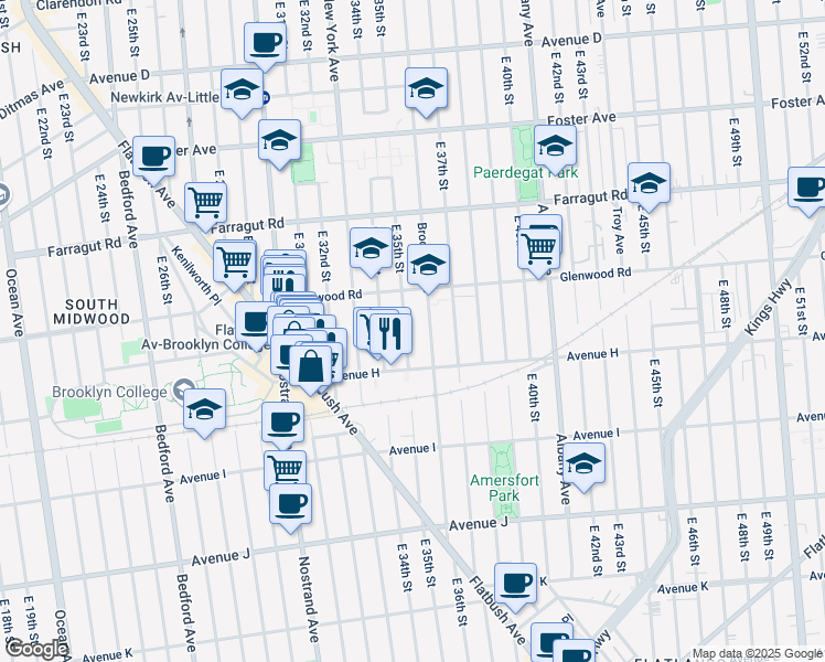 map of restaurants, bars, coffee shops, grocery stores, and more near 867 East 35th Street in Brooklyn