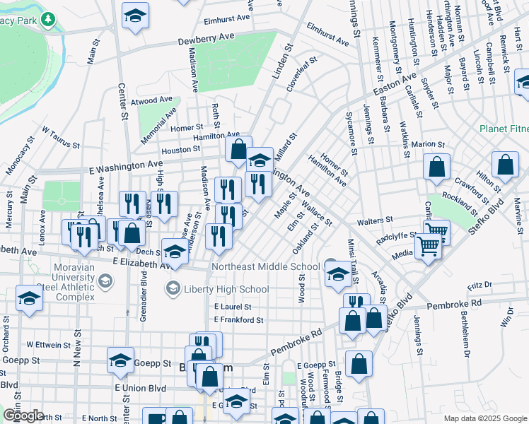 map of restaurants, bars, coffee shops, grocery stores, and more near 1512 Easton Avenue in Bethlehem
