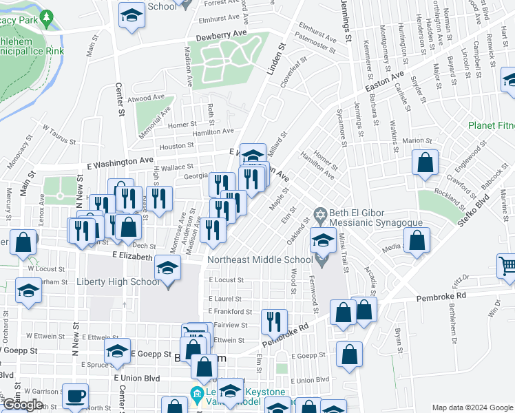 map of restaurants, bars, coffee shops, grocery stores, and more near 1512 Easton Avenue in Bethlehem