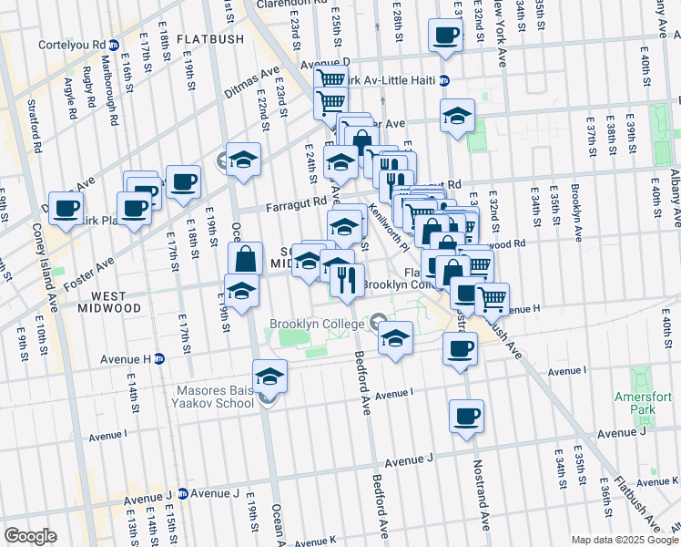 map of restaurants, bars, coffee shops, grocery stores, and more near 2420 Glenwood Road in Brooklyn