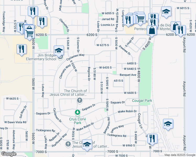 map of restaurants, bars, coffee shops, grocery stores, and more near 5157 Banquet Avenue in West Jordan