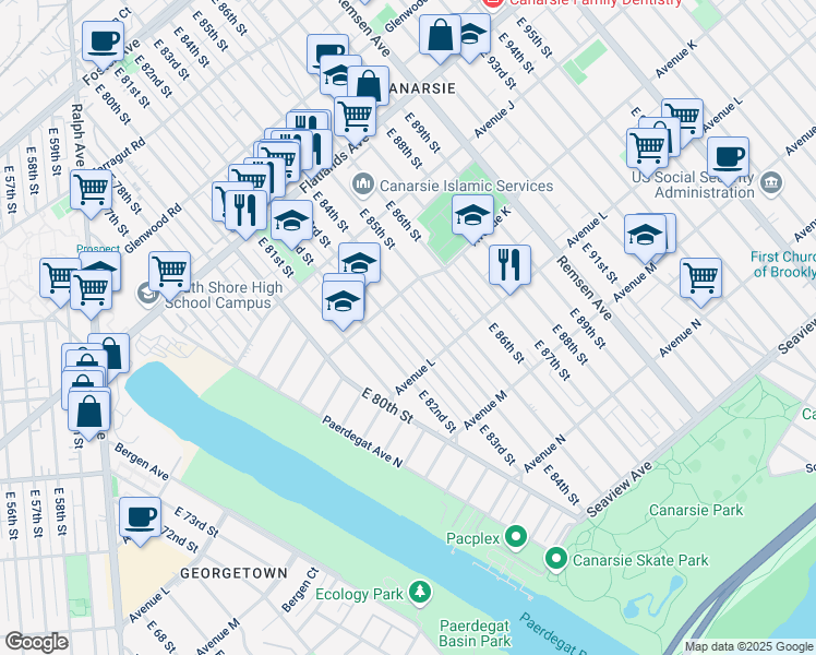 map of restaurants, bars, coffee shops, grocery stores, and more near 1120 East 84th Street in Brooklyn