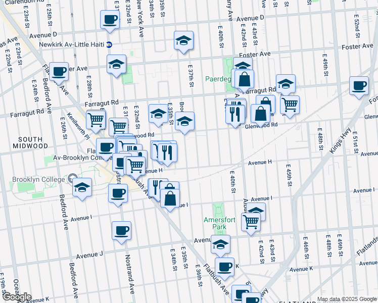 map of restaurants, bars, coffee shops, grocery stores, and more near 954 East 37th Street in Brooklyn