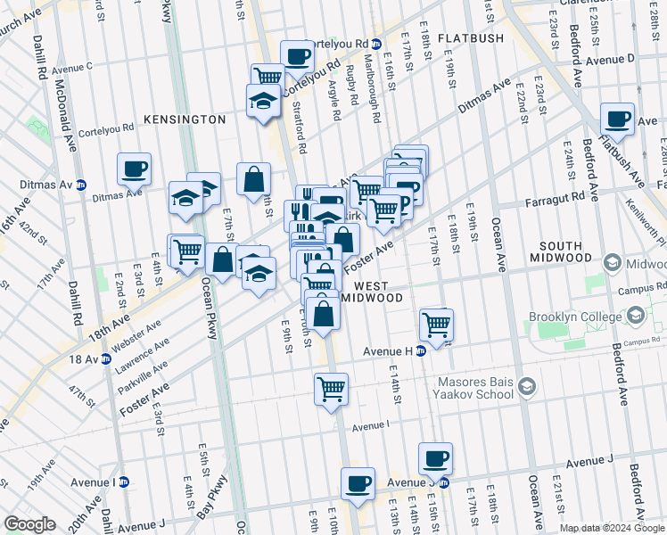 map of restaurants, bars, coffee shops, grocery stores, and more near 1002 Newkirk Avenue in Brooklyn