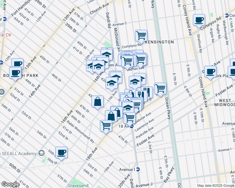 map of restaurants, bars, coffee shops, grocery stores, and more near 581 Dahill Road in Brooklyn