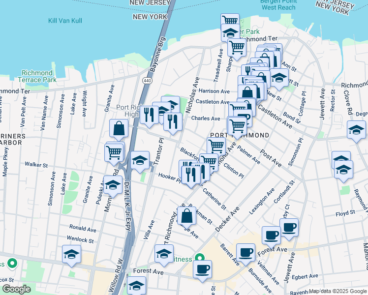 map of restaurants, bars, coffee shops, grocery stores, and more near 161 Clinton Place in Staten Island