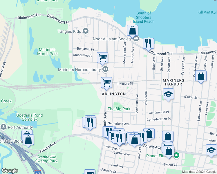 map of restaurants, bars, coffee shops, grocery stores, and more near 255 South Avenue in Staten Island