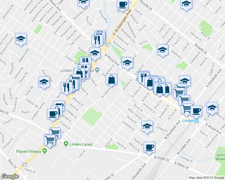 map of restaurants, bars, coffee shops, grocery stores, and more near 116 West Gibbons Street in Linden