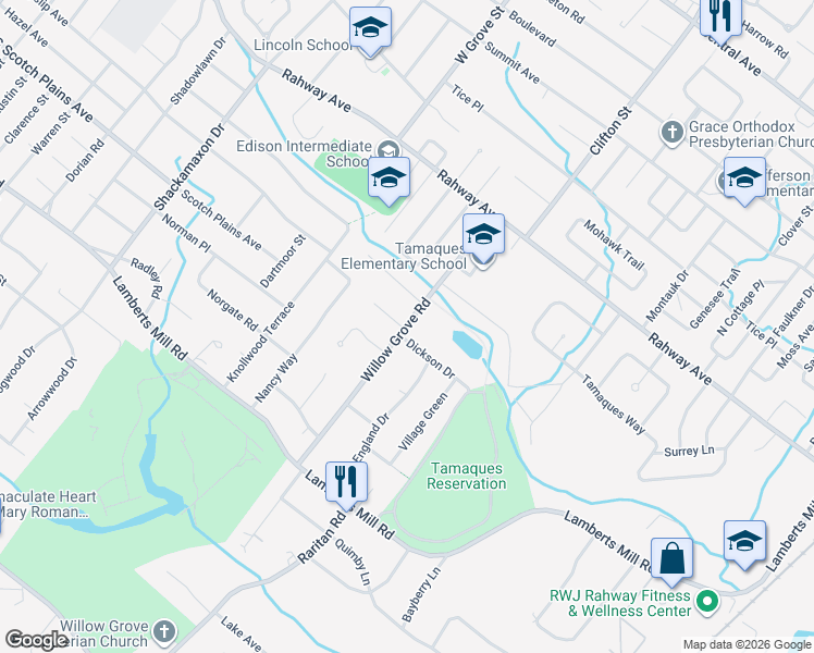 map of restaurants, bars, coffee shops, grocery stores, and more near 3 Rutgers Court in Westfield