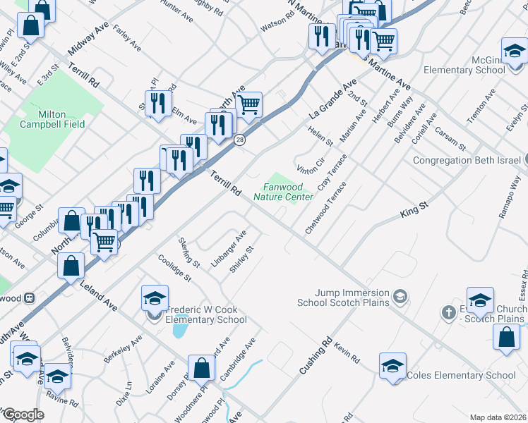 map of restaurants, bars, coffee shops, grocery stores, and more near 493 Terrill Road in Fanwood